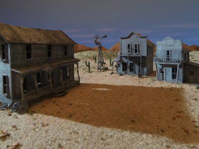 This 1/48 scale western ghost town forced perspective was fabricated for 3D stereoscopic cinematics was used in The Starlight Express live show.	
